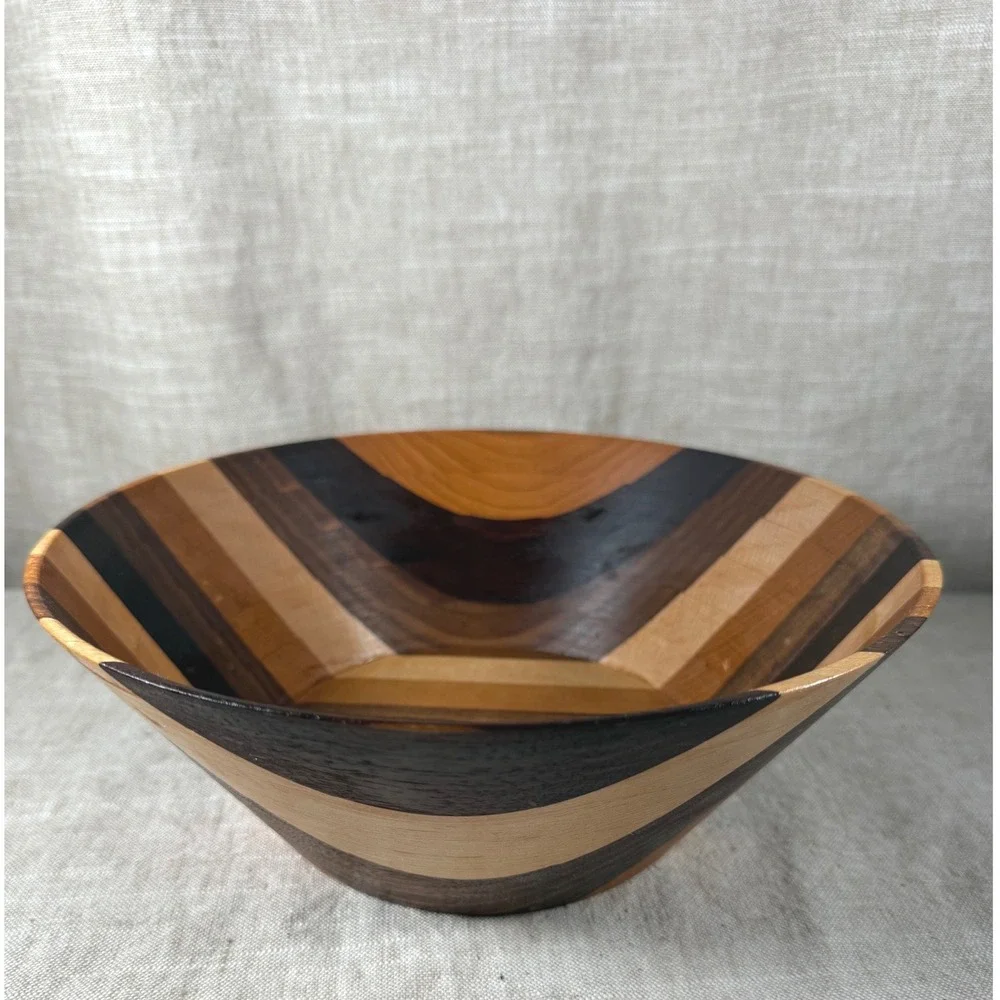 Wooden Striped Bowl Good Vintage Handcrafted Mixed Wood Inlay Geometric 9.5in